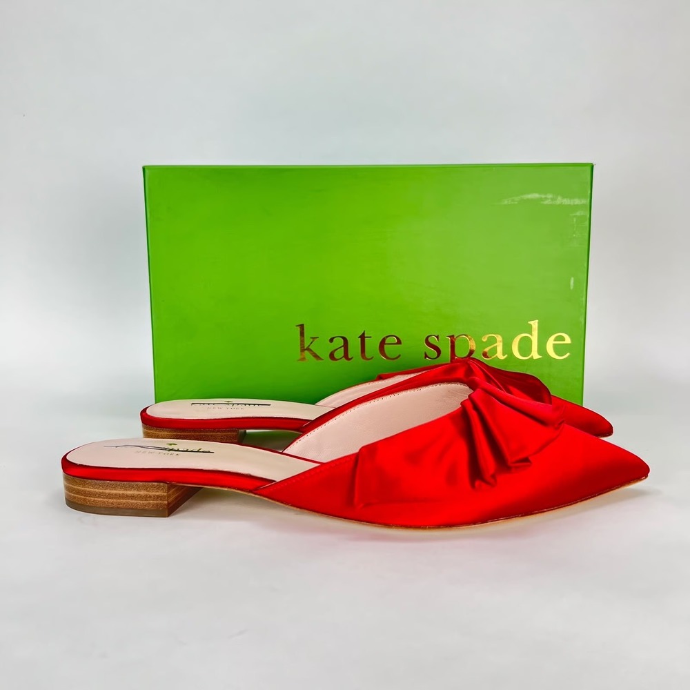 Kate Spade Faryn Red Satin Bow‎ Pointed Toe Mules Flats Size 8.5 - Picture 2 of 10